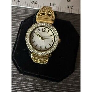 Mother Of Pearl Womens Gold Tone Cross Watch Stretch Christian Band New Battery